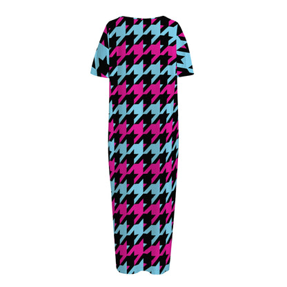 Pink Blue And Black Houndstooth Print Short Sleeve Long Nightdress