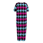 Pink Blue And Black Houndstooth Print Short Sleeve Long Nightdress