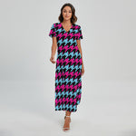 Pink Blue And Black Houndstooth Print Short Sleeve Maxi Dress