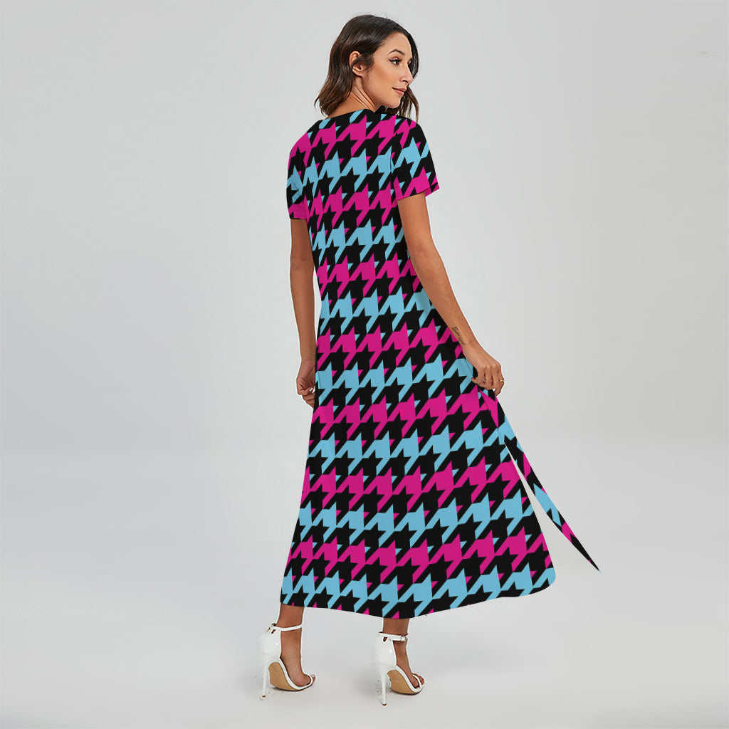Pink Blue And Black Houndstooth Print Short Sleeve Maxi Dress