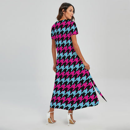 Pink Blue And Black Houndstooth Print Short Sleeve Maxi Dress