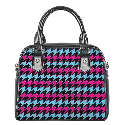 Pink Blue And Black Houndstooth Print Shoulder Handbag