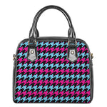 Pink Blue And Black Houndstooth Print Shoulder Handbag