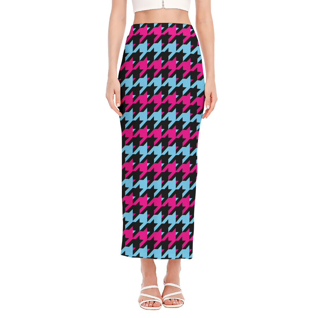 Pink Blue And Black Houndstooth Print Side Slit Maxi Skirt