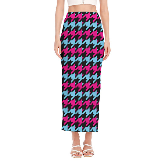 Pink Blue And Black Houndstooth Print Side Slit Maxi Skirt