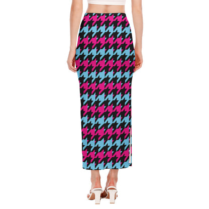 Pink Blue And Black Houndstooth Print Side Slit Maxi Skirt