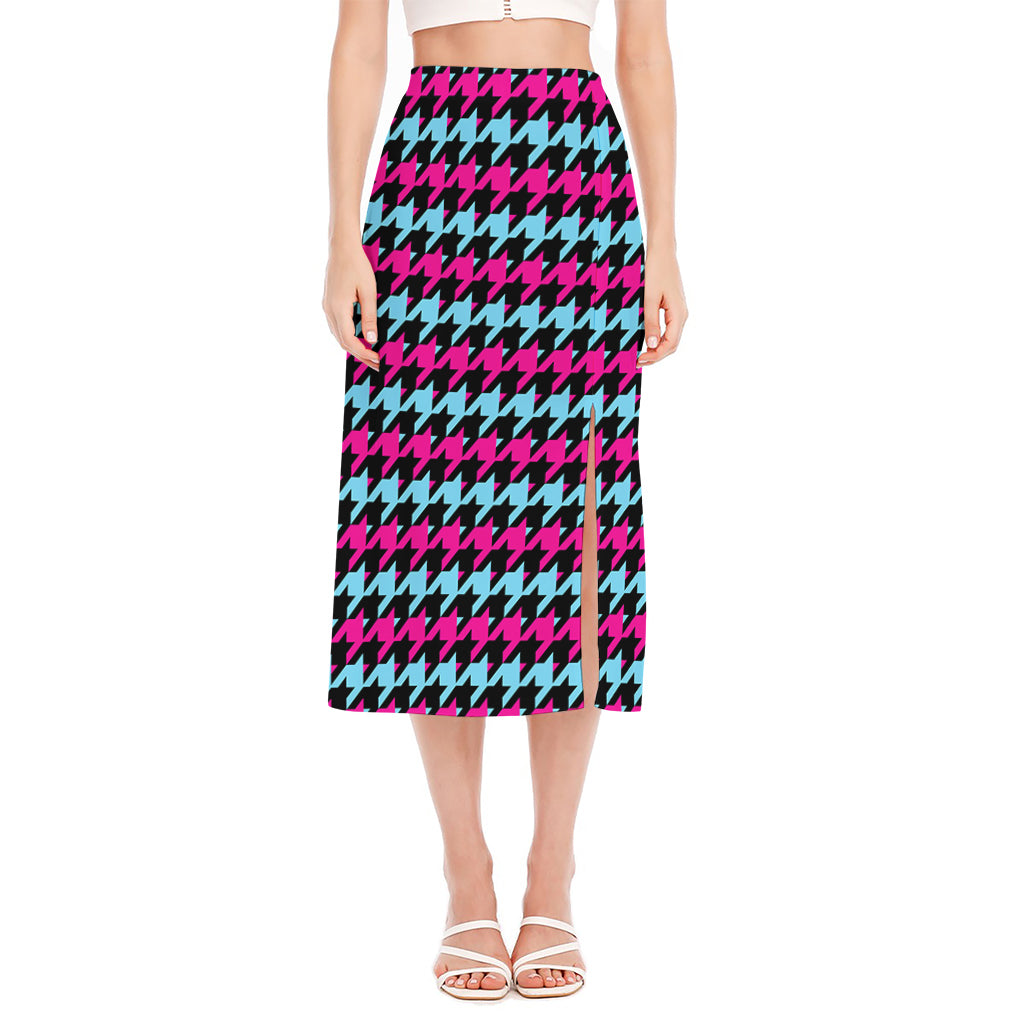 Pink Blue And Black Houndstooth Print Side Slit Midi Skirt
