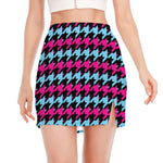 Pink Blue And Black Houndstooth Print Side Slit Mini Skirt