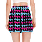 Pink Blue And Black Houndstooth Print Side Slit Mini Skirt