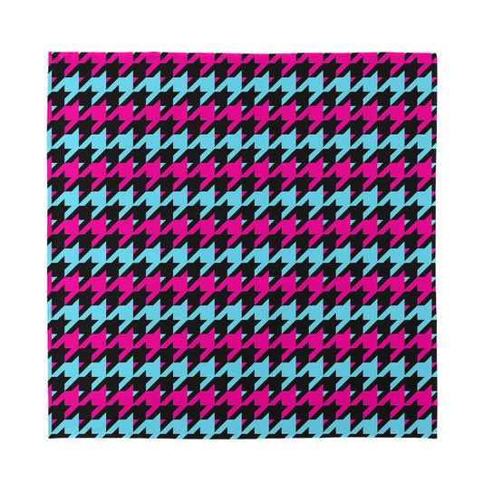 Pink Blue And Black Houndstooth Print Silk Bandana