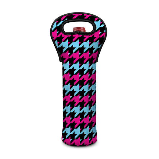 Pink Blue And Black Houndstooth Print Single Neoprene Wine Tote