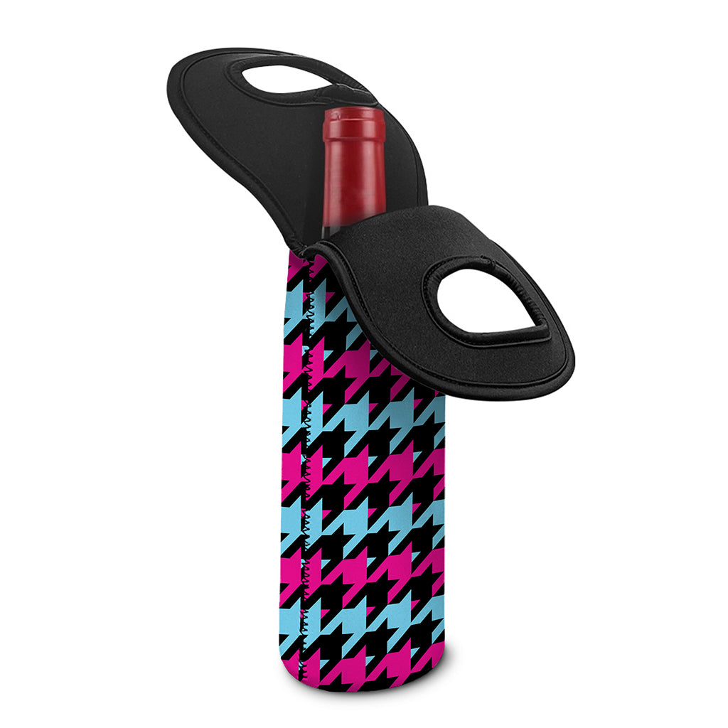 Pink Blue And Black Houndstooth Print Single Neoprene Wine Tote