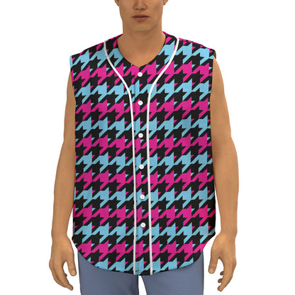 Pink Blue And Black Houndstooth Print Sleeveless Baseball Jersey