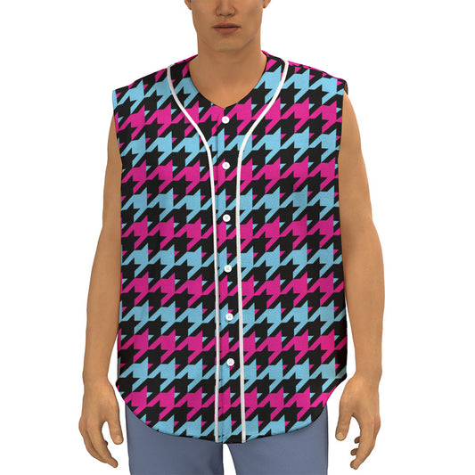 Pink Blue And Black Houndstooth Print Sleeveless Baseball Jersey
