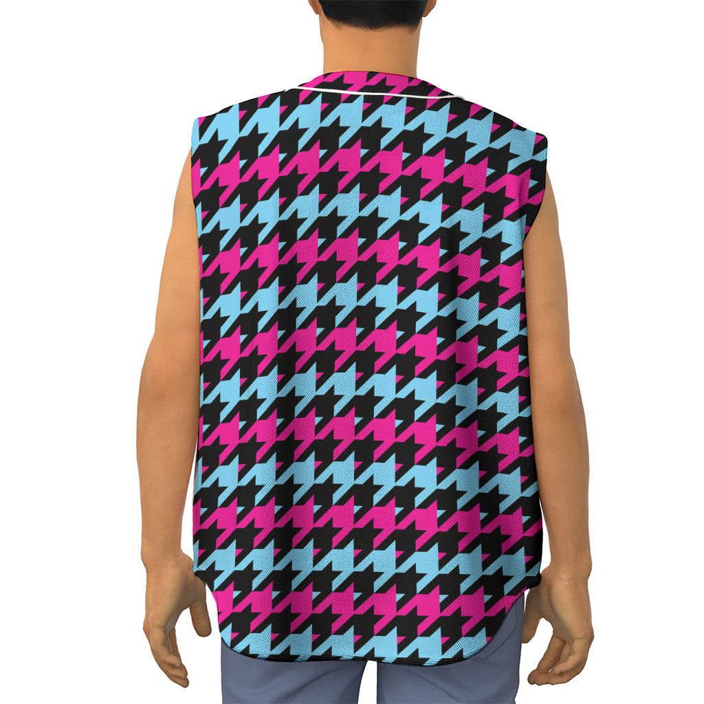Pink Blue And Black Houndstooth Print Sleeveless Baseball Jersey