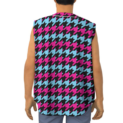 Pink Blue And Black Houndstooth Print Sleeveless Baseball Jersey
