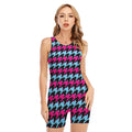 Pink Blue And Black Houndstooth Print Sleeveless One Piece Swimsuit