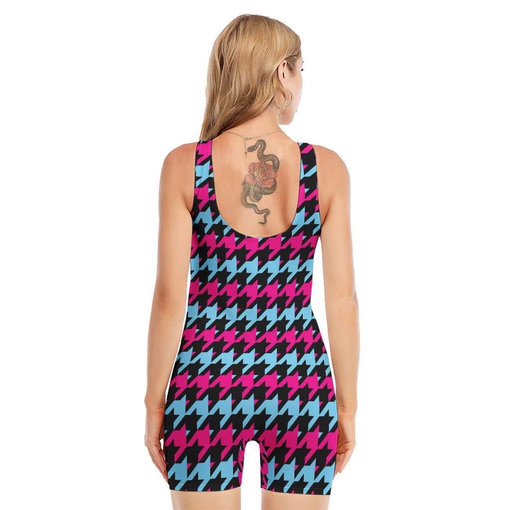 Pink Blue And Black Houndstooth Print Sleeveless One Piece Swimsuit