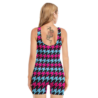 Pink Blue And Black Houndstooth Print Sleeveless One Piece Swimsuit