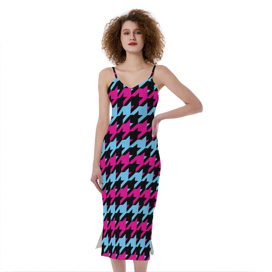 Pink Blue And Black Houndstooth Print Slim Fit Midi Cami Dress