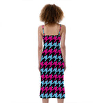 Pink Blue And Black Houndstooth Print Slim Fit Midi Cami Dress