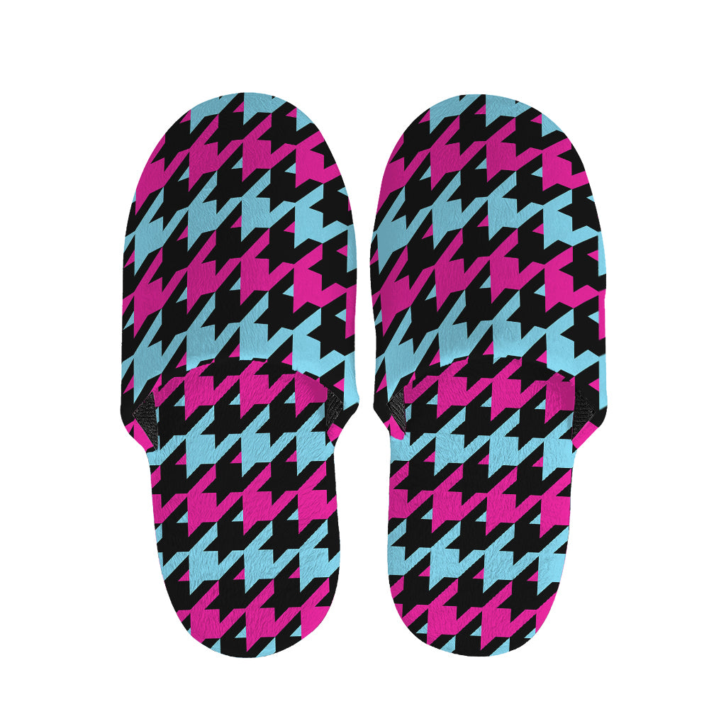 Pink Blue And Black Houndstooth Print Slippers