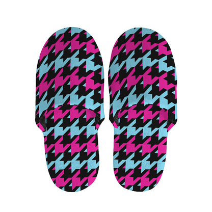 Pink Blue And Black Houndstooth Print Slippers