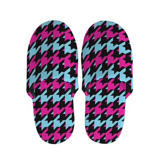 Pink Blue And Black Houndstooth Print Slippers