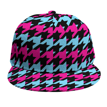 Pink Blue And Black Houndstooth Print Snapback Cap