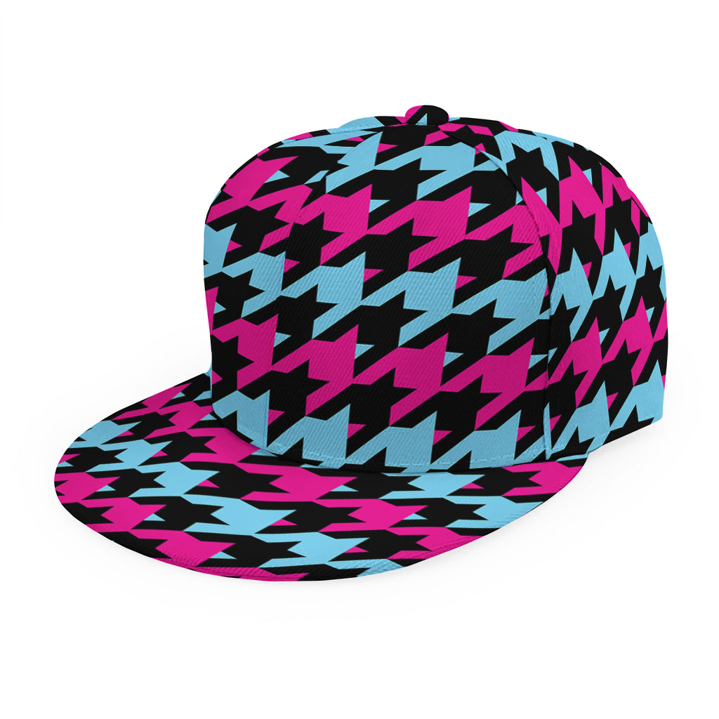 Pink Blue And Black Houndstooth Print Snapback Cap