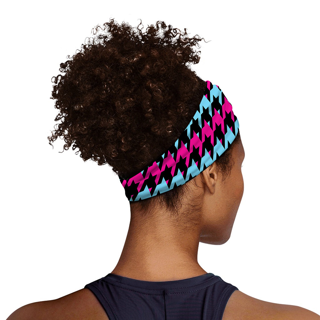 Pink Blue And Black Houndstooth Print Sports Headband