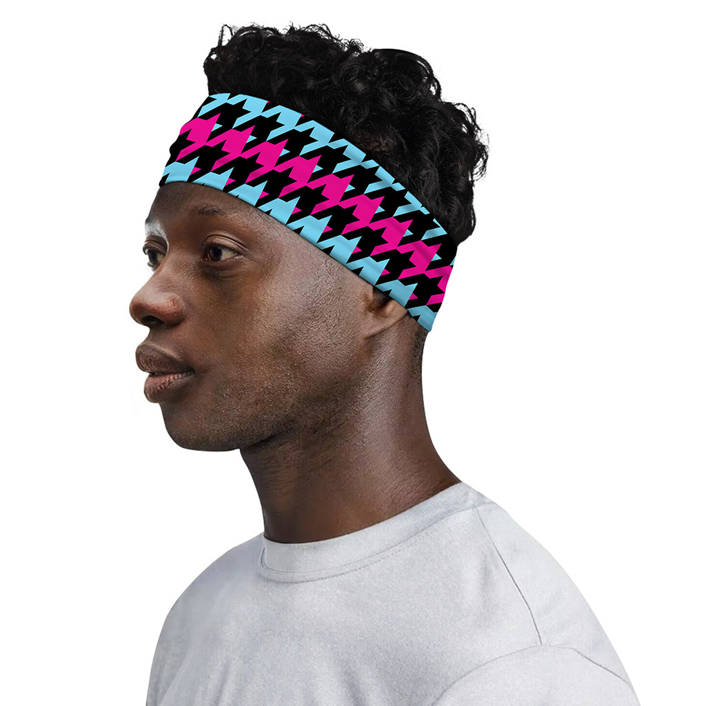 Pink Blue And Black Houndstooth Print Sports Headband
