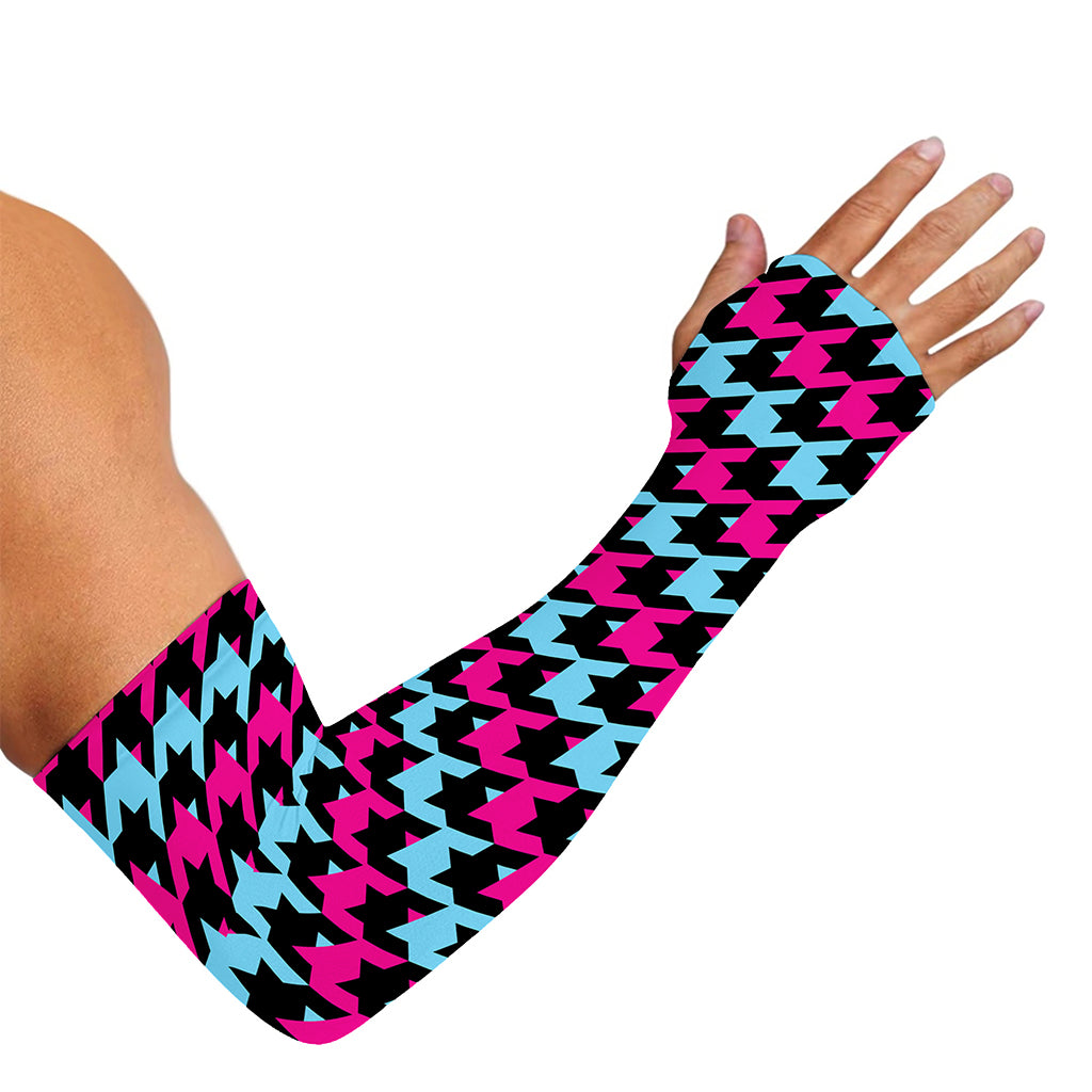 Pink Blue And Black Houndstooth Print Sun Protection Arm Sleeves