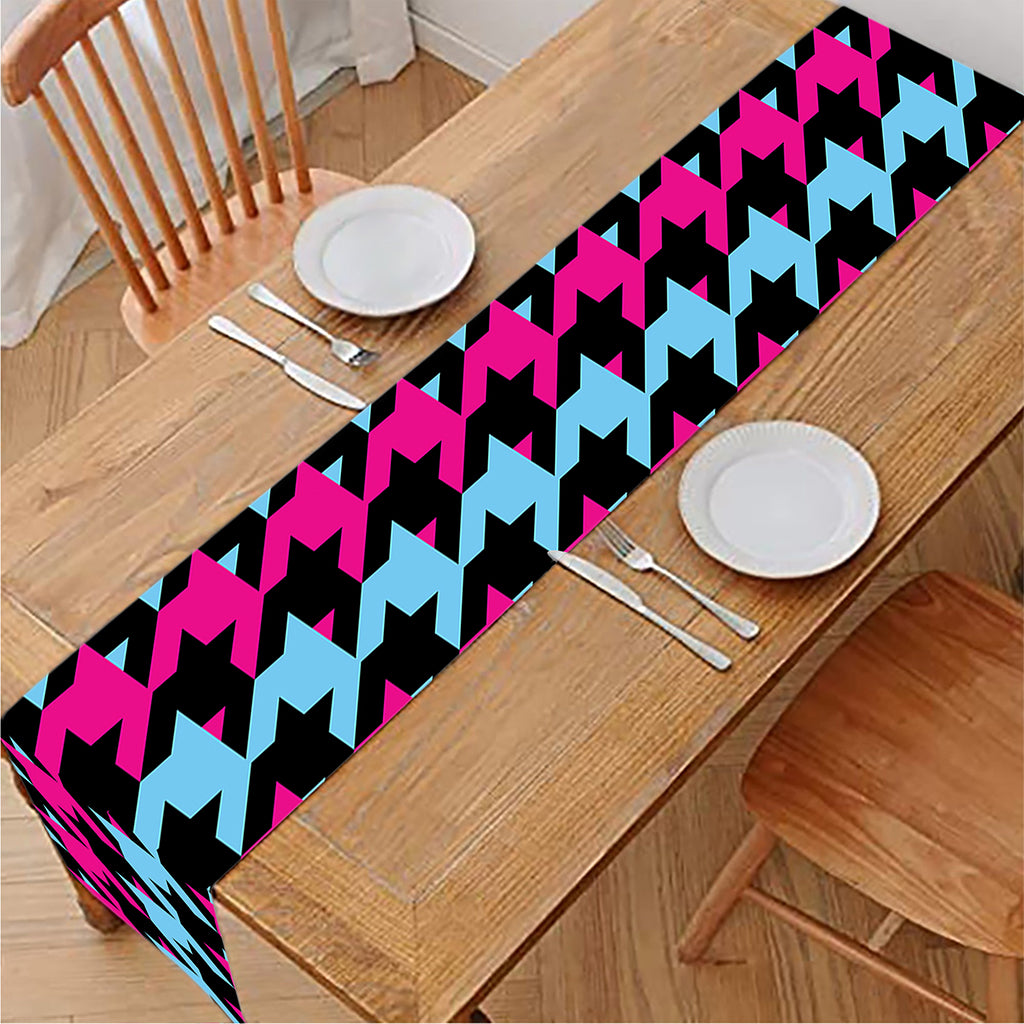 Pink Blue And Black Houndstooth Print Table Runner