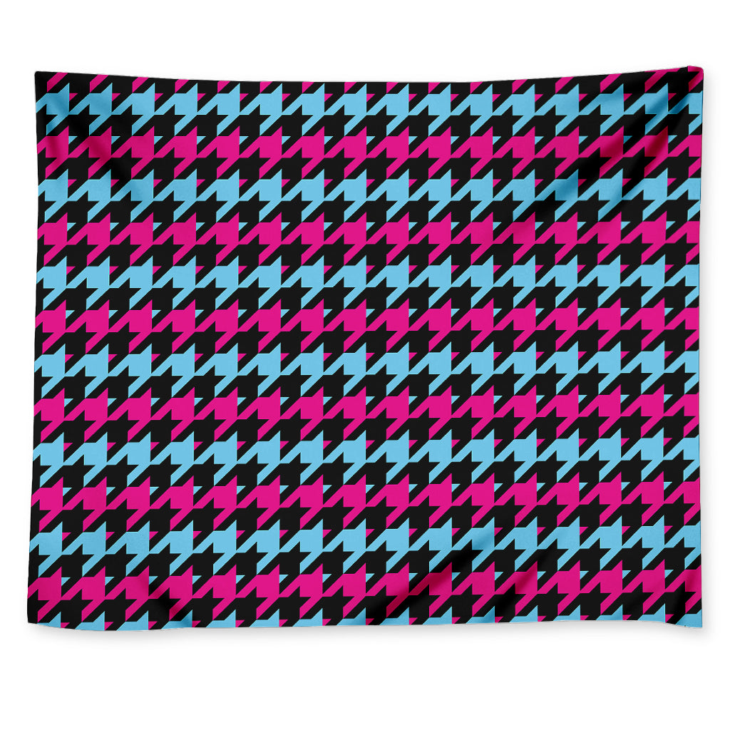 Pink Blue And Black Houndstooth Print Tapestry