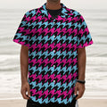 Pink Blue And Black Houndstooth Print Textured Short Sleeve Shirt