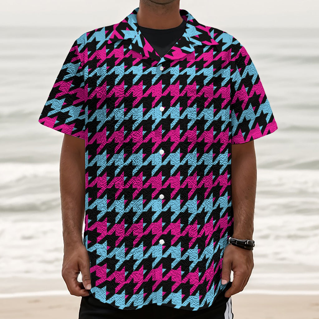 Pink Blue And Black Houndstooth Print Textured Short Sleeve Shirt