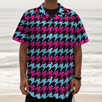 Pink Blue And Black Houndstooth Print Textured Short Sleeve Shirt
