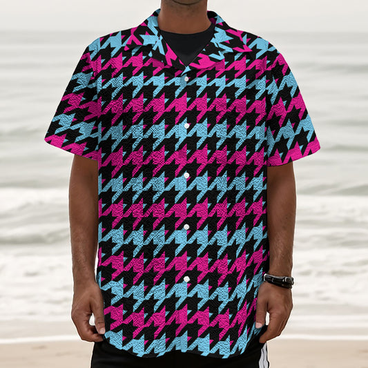 Pink Blue And Black Houndstooth Print Textured Short Sleeve Shirt