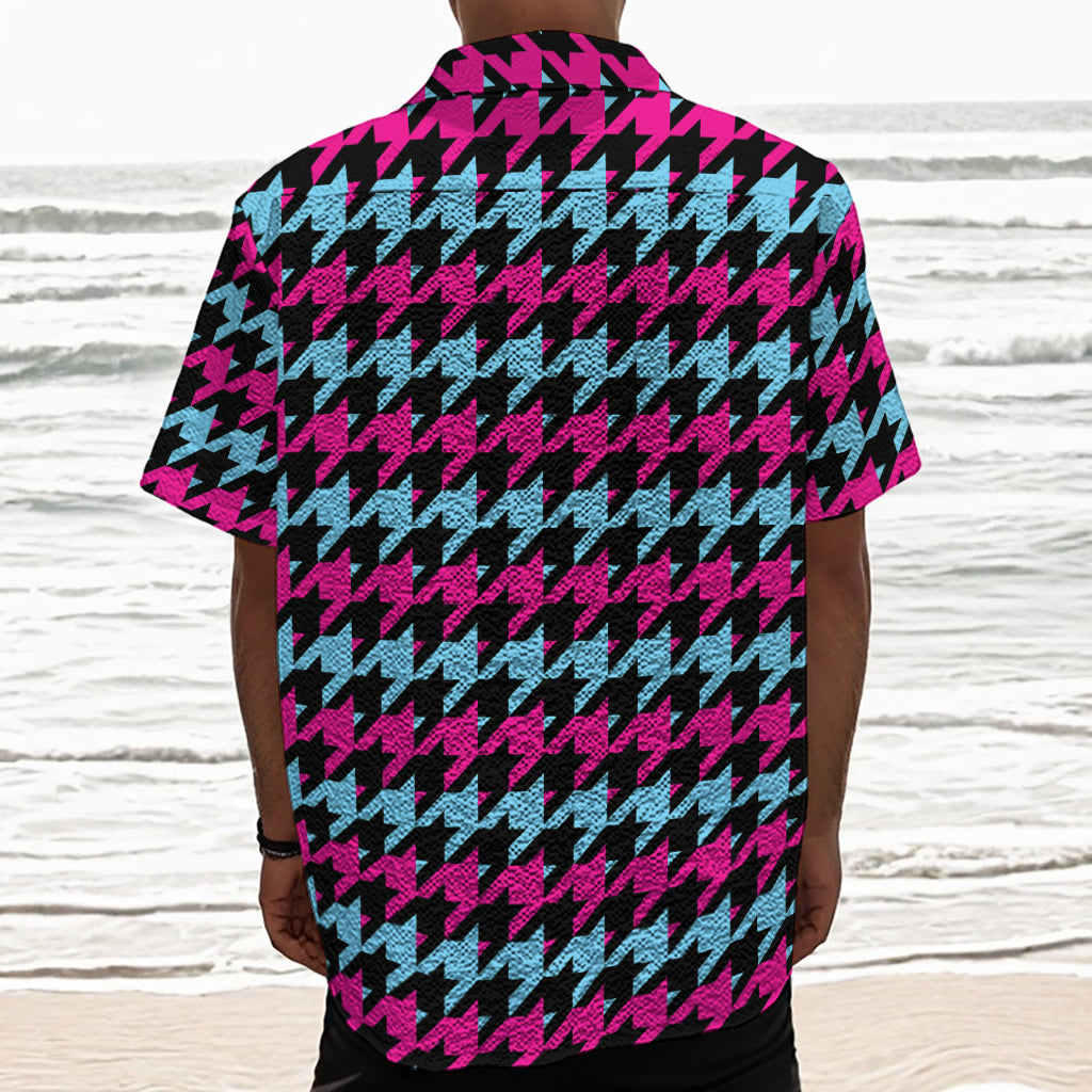 Pink Blue And Black Houndstooth Print Textured Short Sleeve Shirt
