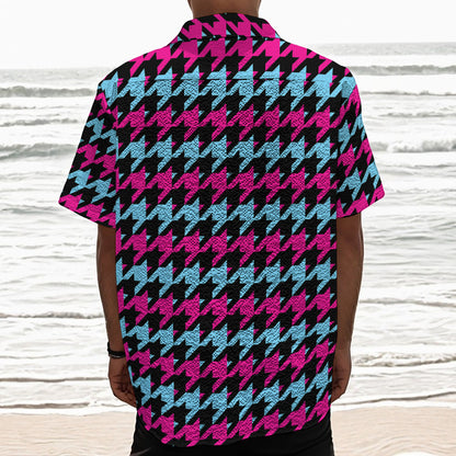 Pink Blue And Black Houndstooth Print Textured Short Sleeve Shirt