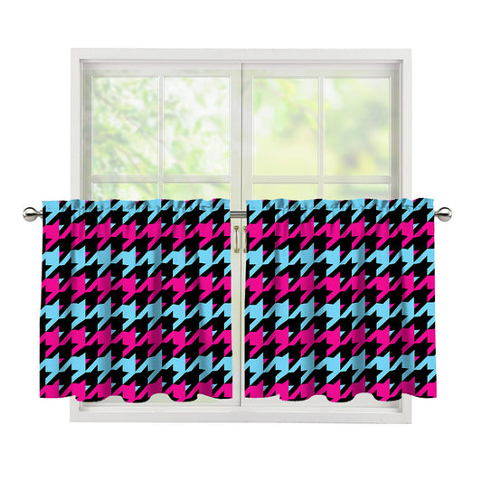 Pink Blue And Black Houndstooth Print Tier Curtains