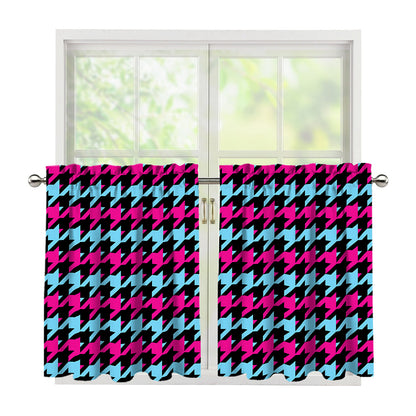 Pink Blue And Black Houndstooth Print Tier Curtains
