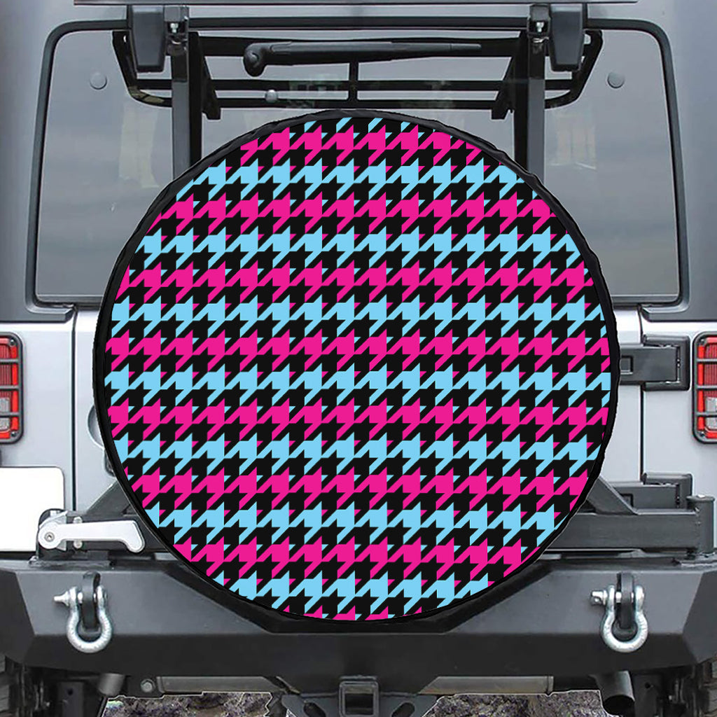 Pink Blue And Black Houndstooth Print Tire Cover