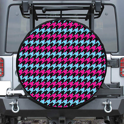 Pink Blue And Black Houndstooth Print Tire Cover