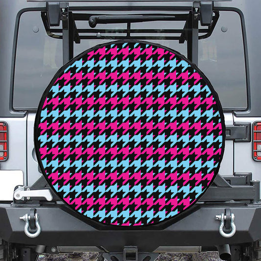 Pink Blue And Black Houndstooth Print Tire Cover
