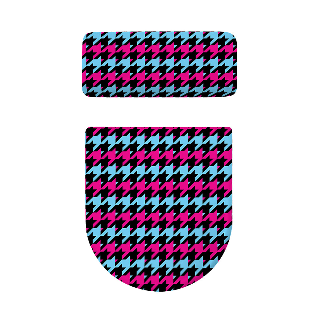 Pink Blue And Black Houndstooth Print Toilet Lid And Tank Cover Set