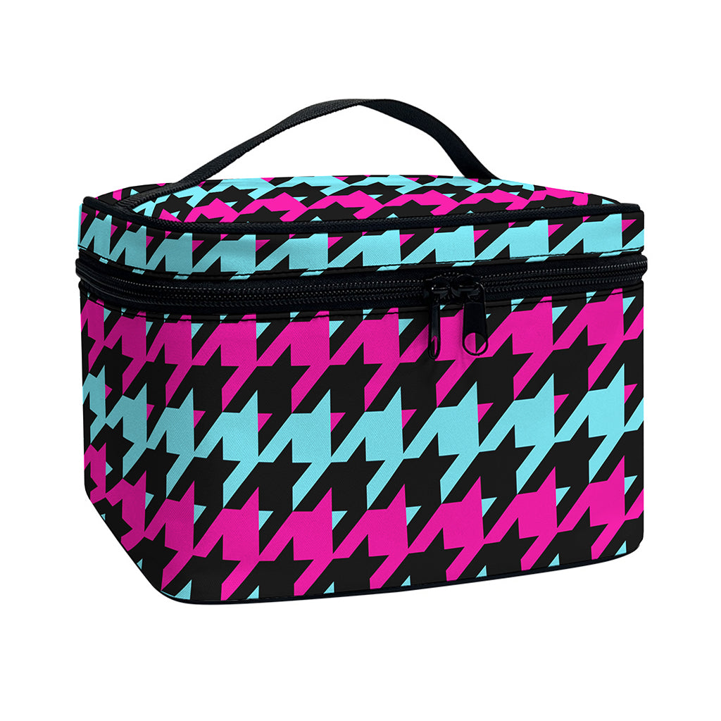 Pink Blue And Black Houndstooth Print Travel Makeup Bag