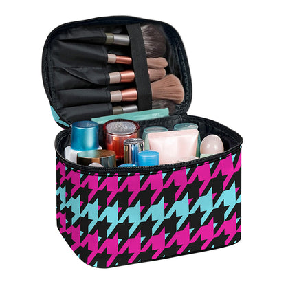 Pink Blue And Black Houndstooth Print Travel Makeup Bag