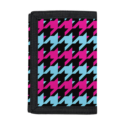 Pink Blue And Black Houndstooth Print Trifold Wallet